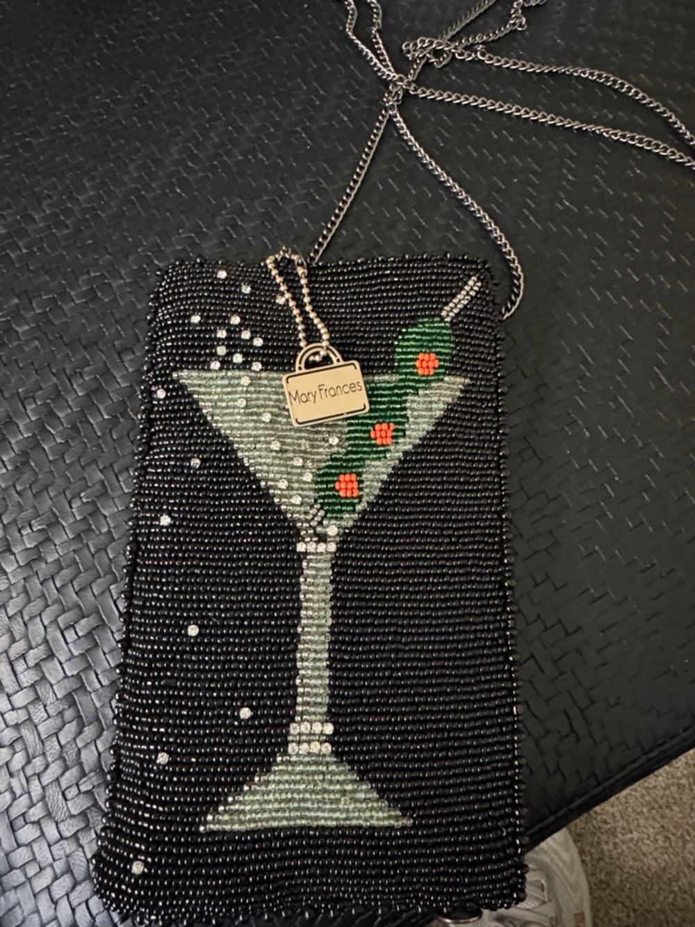 Mary Frances Black Beaded Martini Purse with Green & Red Olive Detail